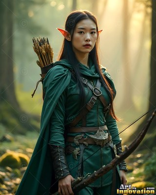 An elf woman holds a tall wooden bow in a forest under soft morning sunlight