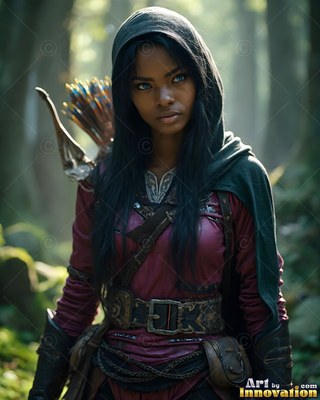 Standing facing forward in a forest, a woman wears a green hood and bow