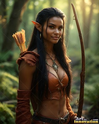 An elf woman in brown leather holding a bow in a sun-drenched forest