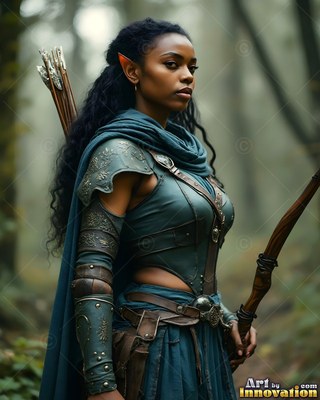 In a misty forest, an elf woman carries a wooden bow and arrows