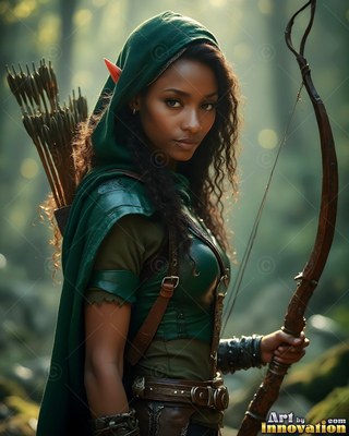 Holding a tall wooden bow, a green-hooded elf woman stands in a soft forest light