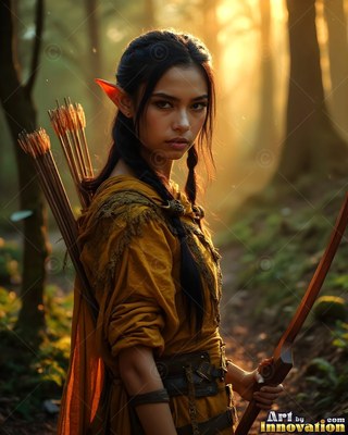 An elf woman in yellow holds a tall wooden bow in a forest