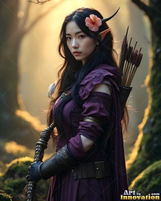 Wearing a purple dress in a misty forest in sunlight, an elf woman carries arrows and a bow