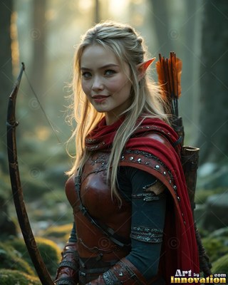 A blonde elf woman carries a tall wooden bow in a misty forest with soft green light