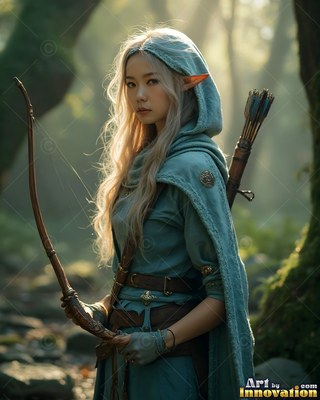 Standing in a forest, a woman in a teal hooded cloak holds a wooden bow