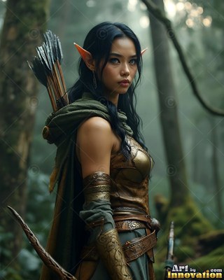 A dark-haired elf woman carries arrows on her back through a misty forest