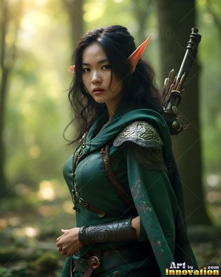 In a sunlit forest, an elf woman with pointed ears wears a green cloak with a hood