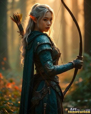 Holding a tall bow, an elf woman in green leather armor turns in a forest
