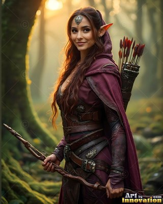 Elf woman holding a tall wooden bow in a forest in the sun
