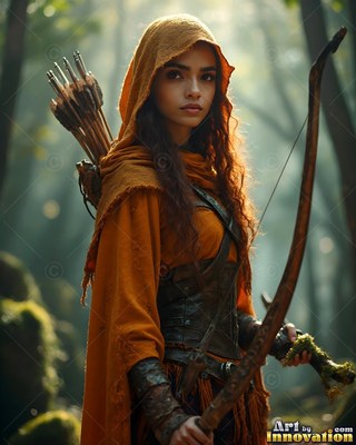 An orange hood frames a young woman holding a wood bow in a mossy forest