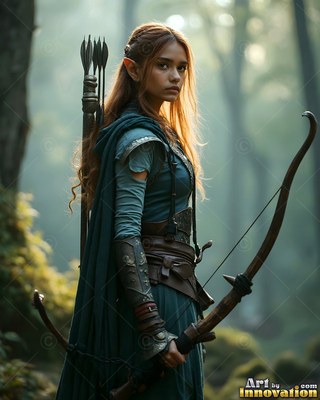 An elf woman holding a wood bow in a misty forest with soft green light