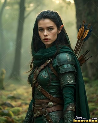 Facing forward in a misty forest, an elf woman carries arrows on her back
