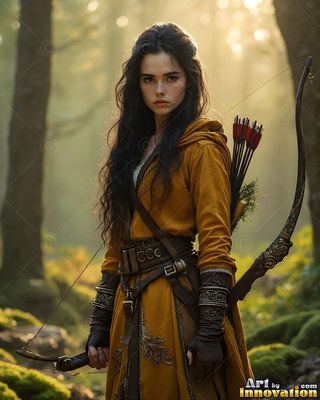 A dark-haired woman carries a bow in a sunny forest while wearing a yellow tunic