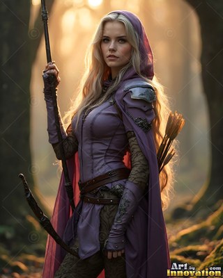 In a misty forest, a blonde woman holds a wood bow while wearing a purple hood