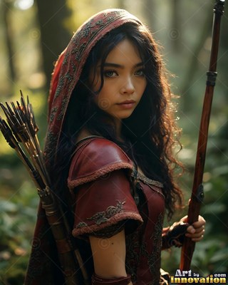 Holding a bow in the woods, a woman in a red hooded tunic carries arrows on her back