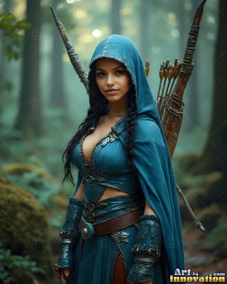 Elf woman in a blue hooded travel cloak carrying a bow and arrows in a forest