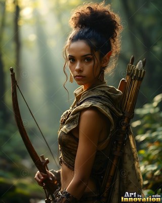 Curly hair piled in a high bun, an elven woman grips a tall wooden bow in a sun-drenched forest