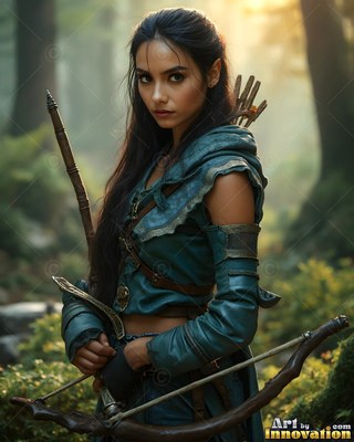 An elf woman carries a tall wooden bow in the forest under warm yellow sunlight