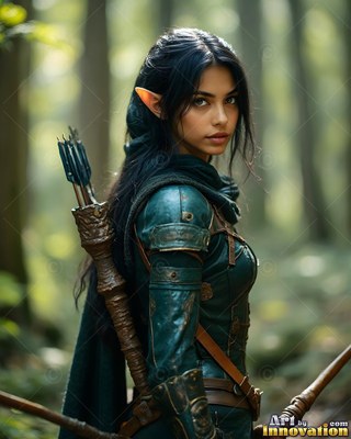 Turned sideways in a forest, an elf woman in green armor looks over her shoulder