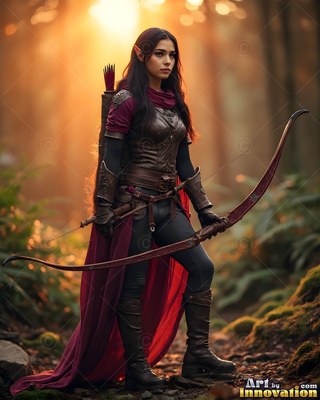 An elven woman with pointed ears has a bow in a misty forest at sunset