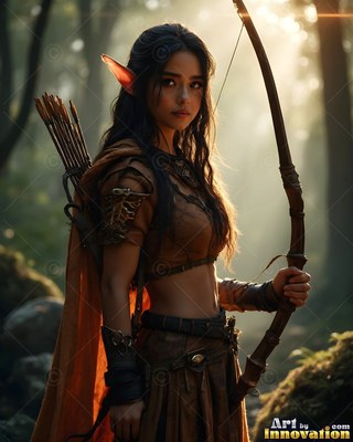 In a sun-drenched forest, an elf woman carries a tall wood bow and arrows