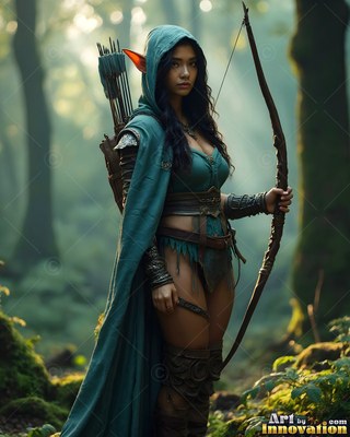 Holding a wooden bow, an elf woman in a green cloak with its hood up stands in the dim woods