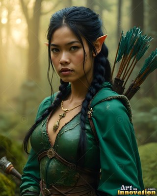 Elf woman in green armor carrying arrows in a forest