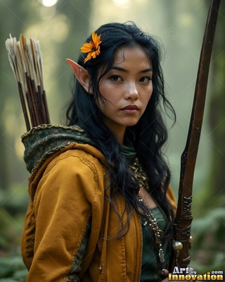 Wearing an orange flower in her dark hair, an elven woman carries a bow and arrows in a misty forest