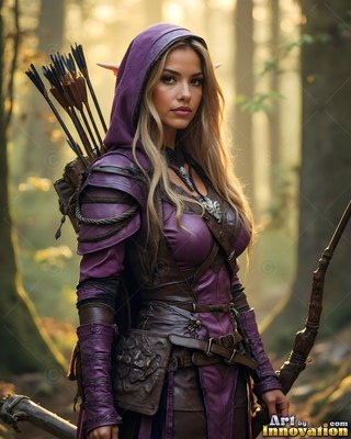 An elf woman stands with a quiver of arrows, wearing purple leather in soft sunlight