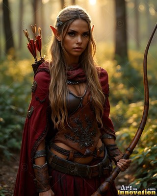 Standing in a sunny forest, an elf woman carries a longbow in a red cloak