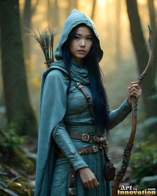 A woman in a teal hooded cape holds a tall wooden bow in a misty forest