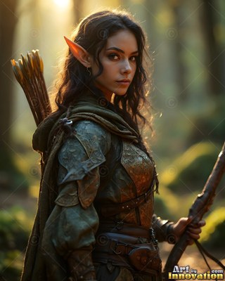 In a sun-drenched forest, an elven woman in green armor carries a bow and quiver