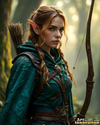 Elven woman in a green cloak with its hood up holding a bow
