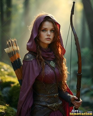 Wearing a purple hooded cloak, an archer woman holds onto a bow in a sunny forest