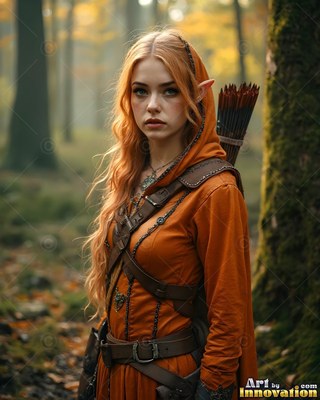 An elven woman stands beside a tree with arrows on her back, wearing an orange tunic