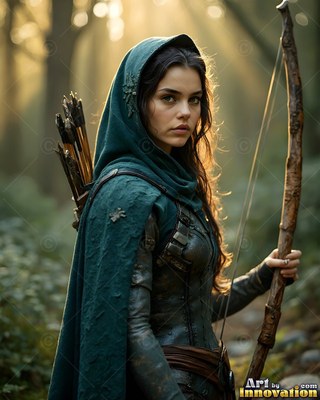 Turned toward the viewer in a forest, a woman carries a bow and wears a green hood