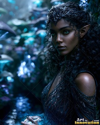 A dark-skinned elf woman in a black gown stands in a blue mushroom cave