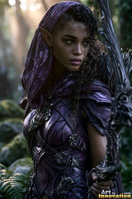 In a dim forest, an elf woman has a bow while wearing purple armor and a hood