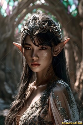 Wearing a metal crown, a dark-haired elven woman gazes forward in soft light