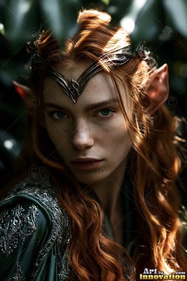 A silver circlet rests on the forehead of a red-haired elf woman in a dark leafy forest