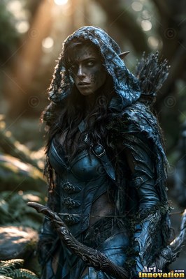 An elf woman in a dark hooded cloak holds a bow as pale sunlight filters through the trees