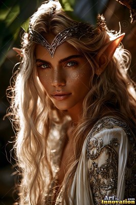 Facing forward in shaded woods, an elf woman wears a silver crown