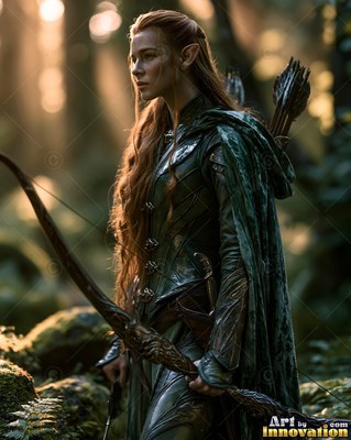 An elf woman in green armor carries a bow while standing in a sunlit forest