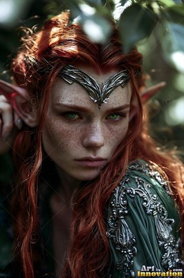 In leafy shadows, a red-haired elf woman wearing a silver crown stares forward