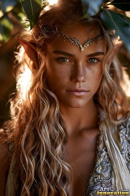 Peeking through green leaves, a blonde elf woman wears a silver crown in sunlight