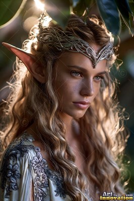 An elf woman wearing a silver crown in sunlight outdoors
