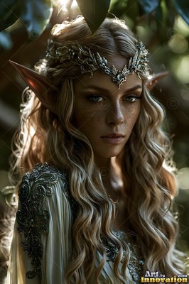 A silver circlet rests on a blonde elf woman with pointed ears under forest leaves