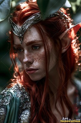 A freckled elf woman with red hair looks away under dappled forest light