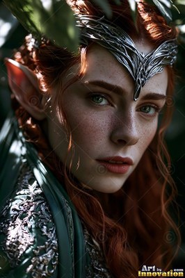 Close-up of a red-haired elf woman in green leaves wearing a silver tiara