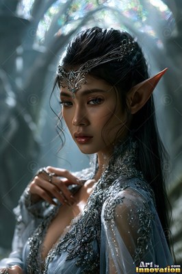 An elf woman wearing a silver crown and blue lace dress in soft light